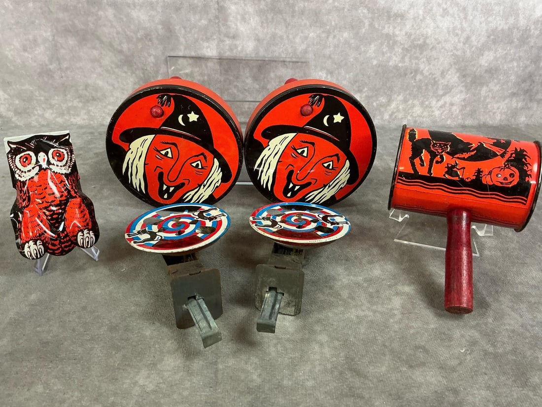 Halloween Vintage Party Toys: Six 1940's-1950's tin Halloween party favors/ toys. Three orange and black noise makers with lithograph witch and wooden handles. Two push action spinner toys with black cats, and owl clicker