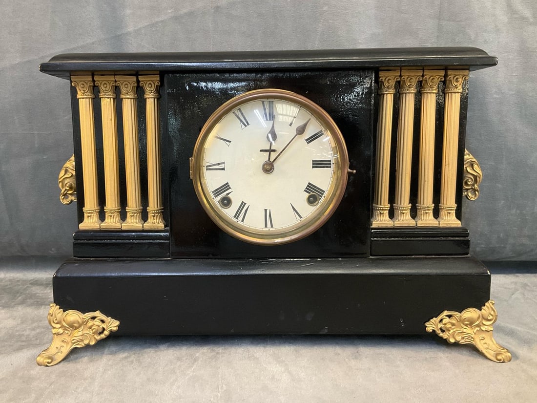 Mantel Clock: Late 19th - early 20th century Neoclassical mantel clock. Repainted, unmarked and no key. Good working condition. Measures 15.5 inches wide x 6 x 10.75 inches tall.