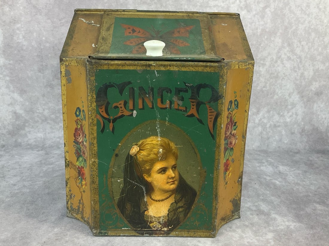 Tea Spice Display Tin: Late 1800's to early 1900's victorian Ginger Spice display tin. Labeled Patapsco Spice Mills Baltimore. Normal wear from aging otherwise In good condition. Measures 7.75 inches long x 7.5 x 9 inches