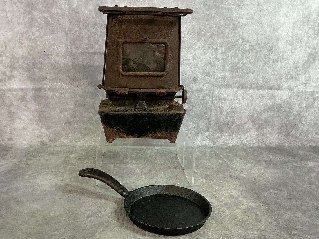 Cast Iron Sad Iron Heater & Mini Skillet: Late 1800's cast iron sad iron kerosene heater or portable lamp stove. Made by L&H (A J Lindemann & Hoverson Co, Milwaukee, Wisconsin). Also, late 1900's 5 inch miniature cast iron skillet. Heater