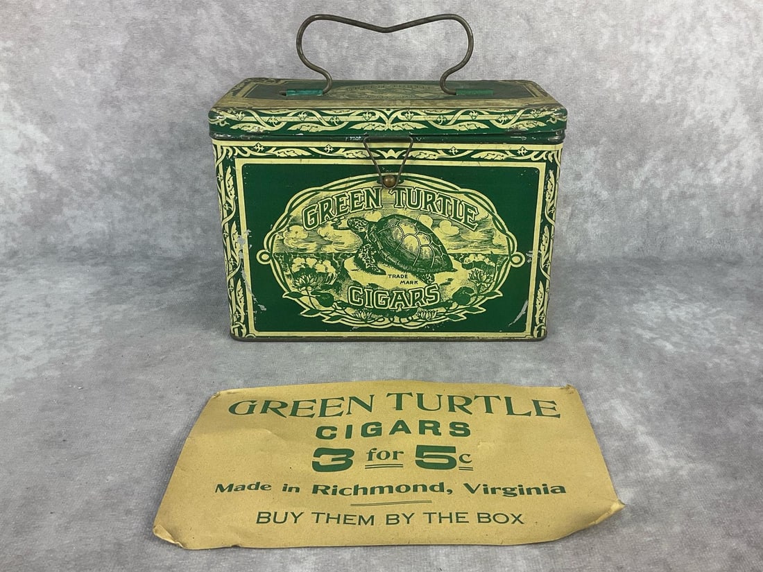 Cigar Lunch Pail: Early 1900's Green Turtle advertising cigar tobacco tin. Has a hinged lid with a wire handle. Bottom is stamped Factory No. 1 2nd Dist. VA. Normal wear from aging otherwise good condition. Measures