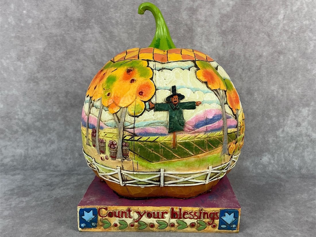 Fall Halloween Pumpkin Collectible: 2004 Jim Shore Heartwood Creek "Count Your Blessings" figurine, Signed by Jim Shore on bottom. Licensed by Enesco Group, Inc. Item / SKU number 118757T. In good condition. Measurements are 6.75