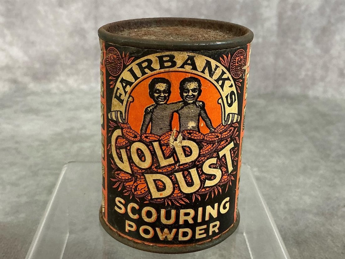 Gold Dust Scouring Powder: Early 1920's Free Sample tin of Gold Dust Scouring Powder. Featuring the "Gold Dust Twins" by N K Fairbanks Company. Rust present. Tin measures 2 inches in diameter x 2.75 inches tall.