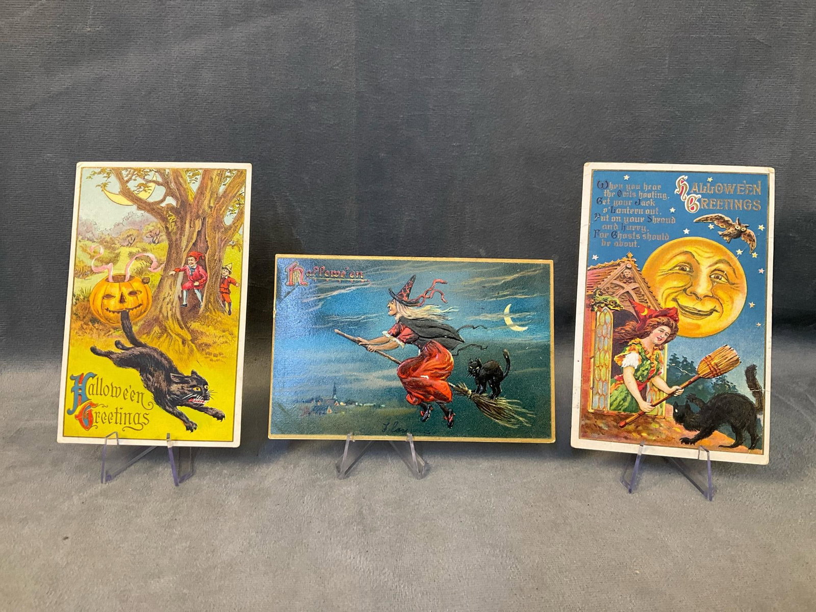 Halloween Cards: Three circa 1910 Halloween embossed postcards. "Hallowe'en Greetings" by M.L. Jackson. Good used condition with pencil writing to verso. "Hallowe'en" by Tuck and Sons. Used condition with crease,