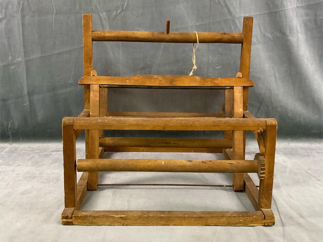 Weaving Loom: Early 1900's table top primitive "peacock" style weaving loom with mortise and tenon and cotter pin construction. History of ownership from a Floyd County, Virginia estate. Good condition. Measures