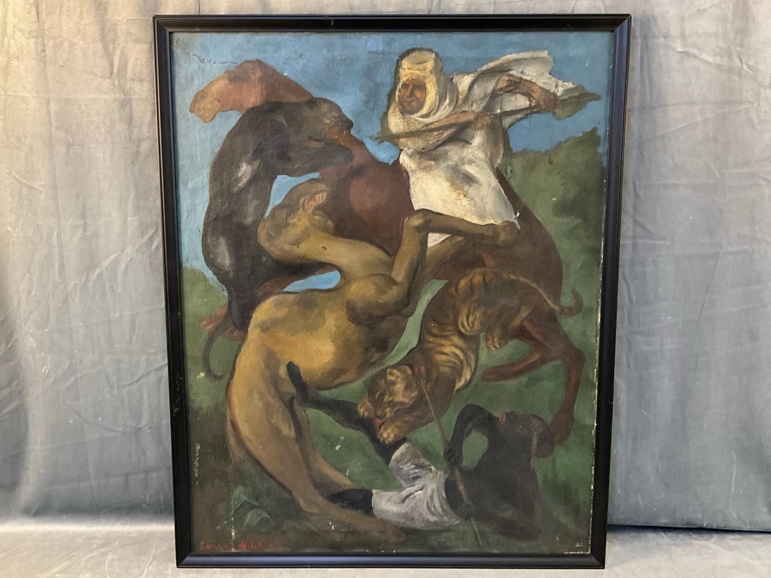 Eugene Higgins Painting: Eugene Higgins (American, 1874-1958), "Tiger Hunt", painted in the Baroque Revival Style, circa 1940, signed lower left "Eugene Higgins", oil on canvas with modern black painted frame. Inspired by