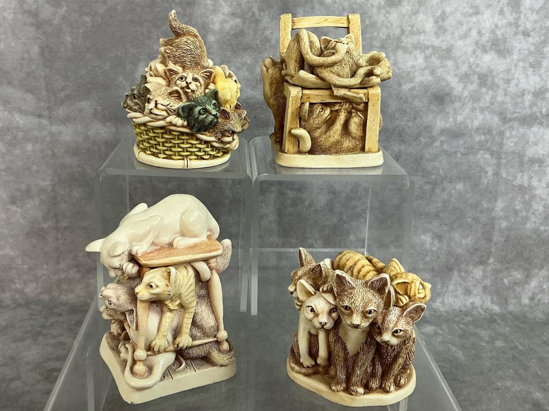 Harmony Kingdom Cat Box Figurines: Four 1993-2001 Harmony Kingdom collectibles. Set includes "Fur Ball", "Rumble Seat", "Kit and Kaboodle" and "Tony's Tabbies". Each item has the Harmony Kingdom label attached to the bottom except for