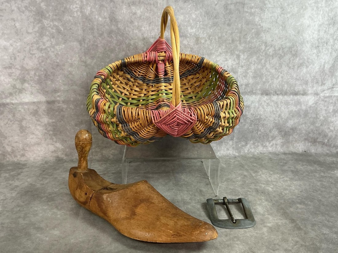 Basket, Cobbler's Form & Buckle: Three early to late 1900's items. Handwoven pastel dyed wicker "buttocks " style basket, and square silver washed single prong belt buckle. Includes vintage wooden cobbler's form or shoe stretcher.