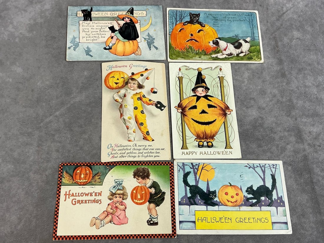 Fun Halloween Postcards: Six early 1900's Halloween postcards. Includes pumpkins, cats, and children. Postmarked Roanoke and Christiansburg from 1920's. In good condition. Measure 5.5 inches wide x 3.5 inches tall.