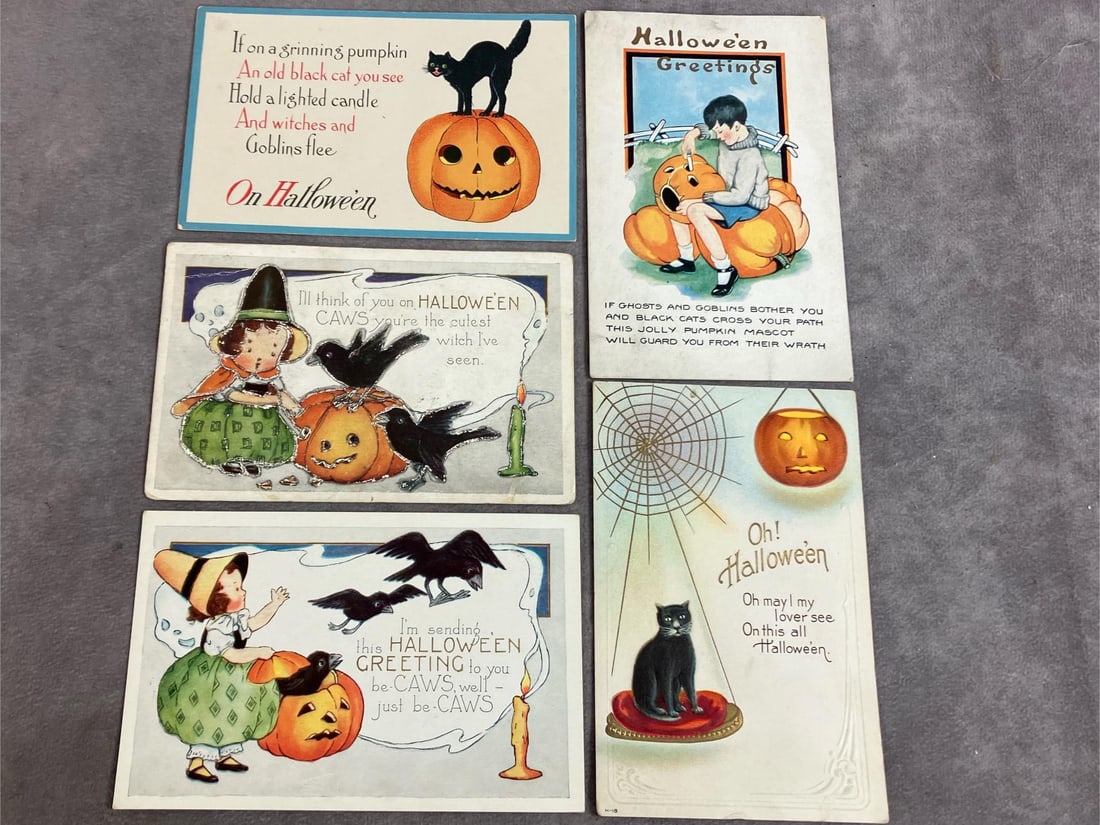Pumpkins, Crows, & Blackcats: Five early 1900's Halloween postcards. Includes pumpkins, cats, and children. Two are postmarked. In good condition. Measure 5.5 inches wide x 3.5 inches tall.