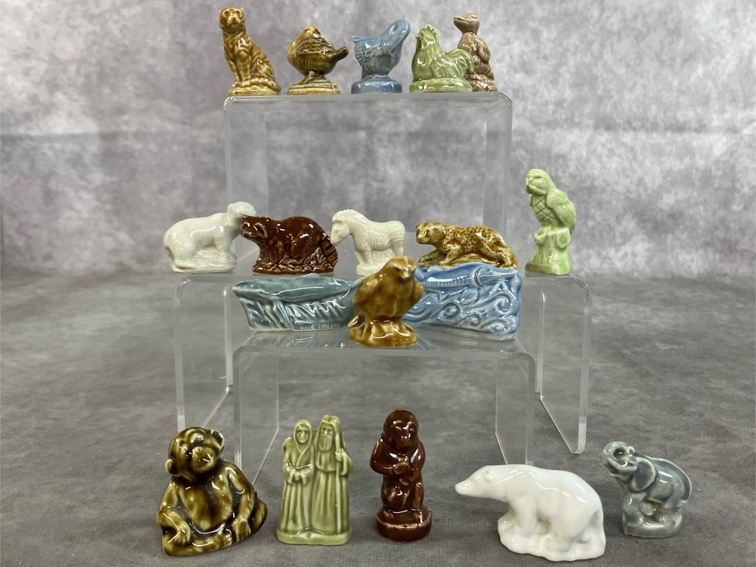 Miniature "Whimsies" Figurines: Eighteen mid 1900's miniature figurines. Made by Wade of England, porcelain variety of animal figures. In good condition. Blue fish measures 2 inches wide x 1 x .75 inches tall.
