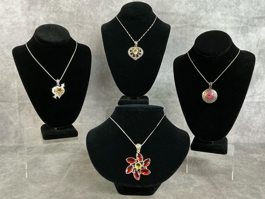 Sterling Silver Necklaces: Four sterling silver necklaces with a variety of stones and settings. All stamped 925. All in good condition. Total weight 2.41 ozt.