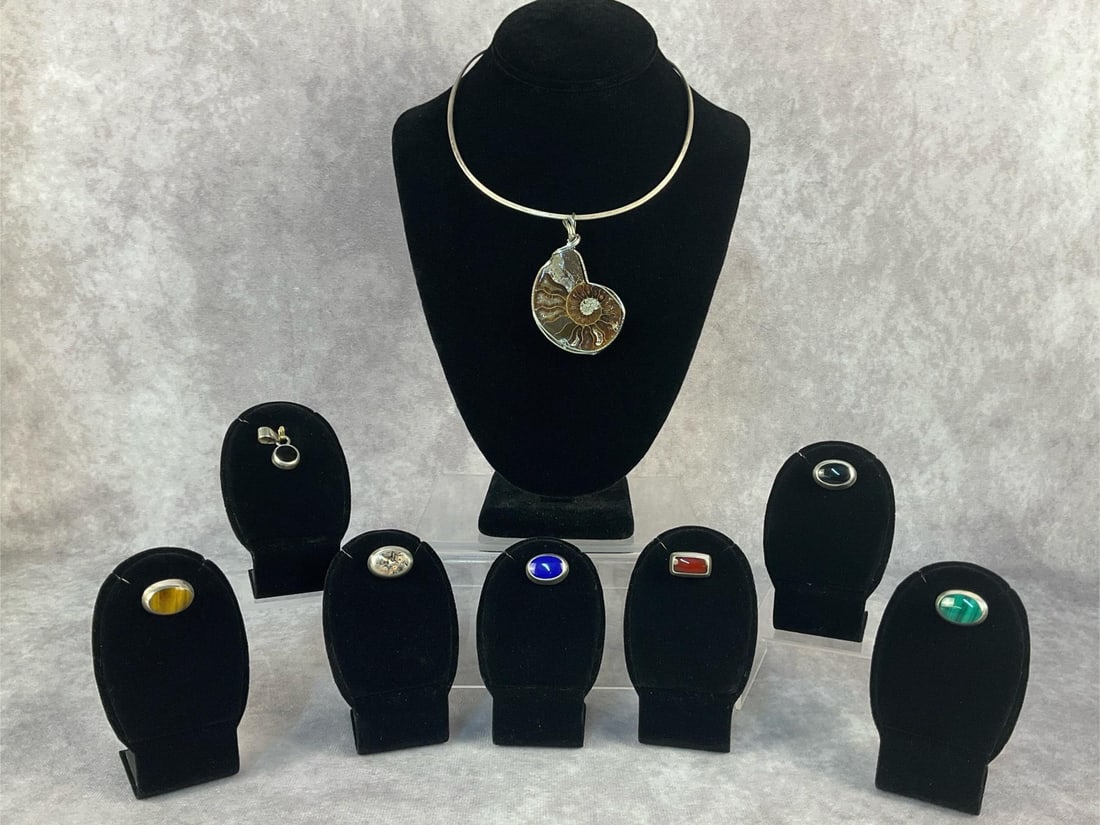 Sterling Silver Choker & Pendants: Nine sterling silver jewelry pieces. Lot includes one choker with a variety of 8 interchangeable pendants. All in good condition. Total weight 2.82 ozt.