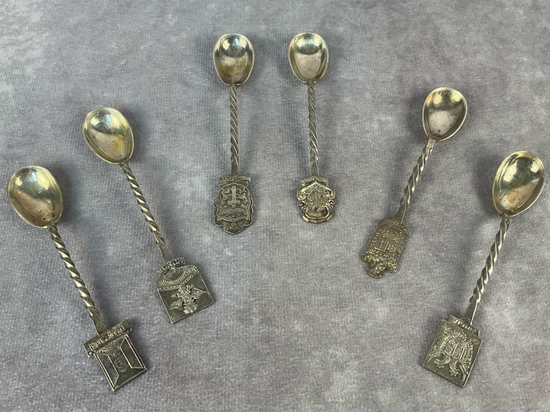 Silver Souvenir Demitasse Spoons: Six vintage collectible 900 silver demitasse spoons. All in good condition. Each spoon marked 900.