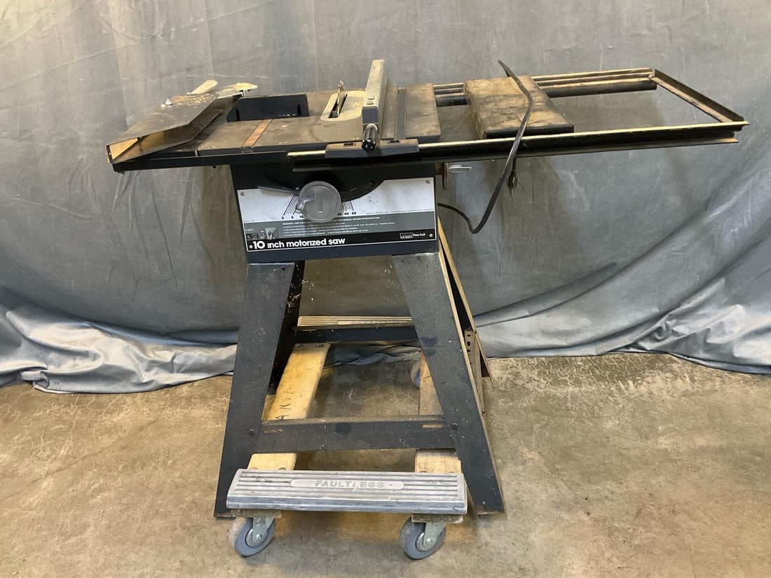 Table Saw: Modern Montgomery Ward 10" motorized Powr Kraft table saw. Model No. THS 2283/2284 2 HP/Blade Speed: 5000 RPM/120 V-11 Amp-60 Hz. Good used condition, tested works. Measures 43.5 inches wide x 22.5 x