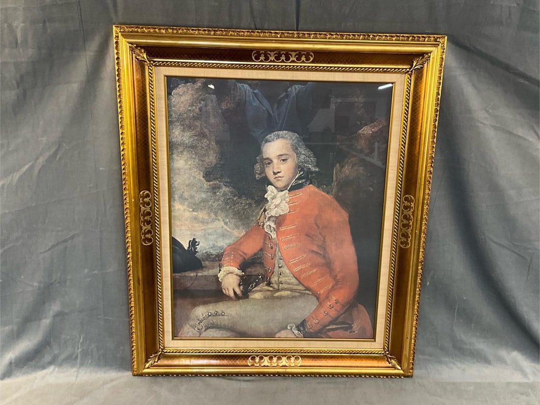 Reynolds Portrait: Modern reproduction framed print of the 1777 oil painting portrait "Captain Bligh" by Sir Joshua Reynolds. Gilded frame with linen liner. Good condition. Measures 30.5 inches wide x 2.25 x 36.75 inche