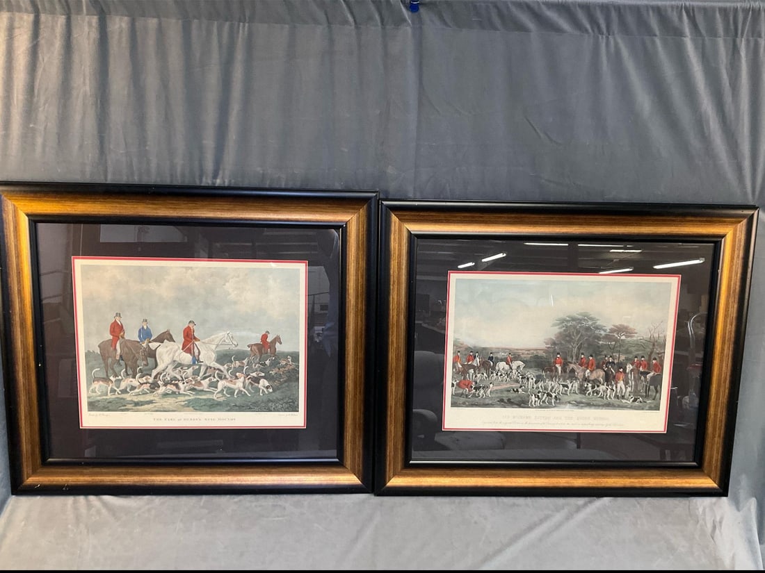 Hunting Prints: Two modern reproduction 19th century hand coloured framed and matted English fox hunting prints. "The Earl of Derby's Stag Hounds / Published May 15, 1823 by I. Griffin, Carshalten, Surry". "Sir