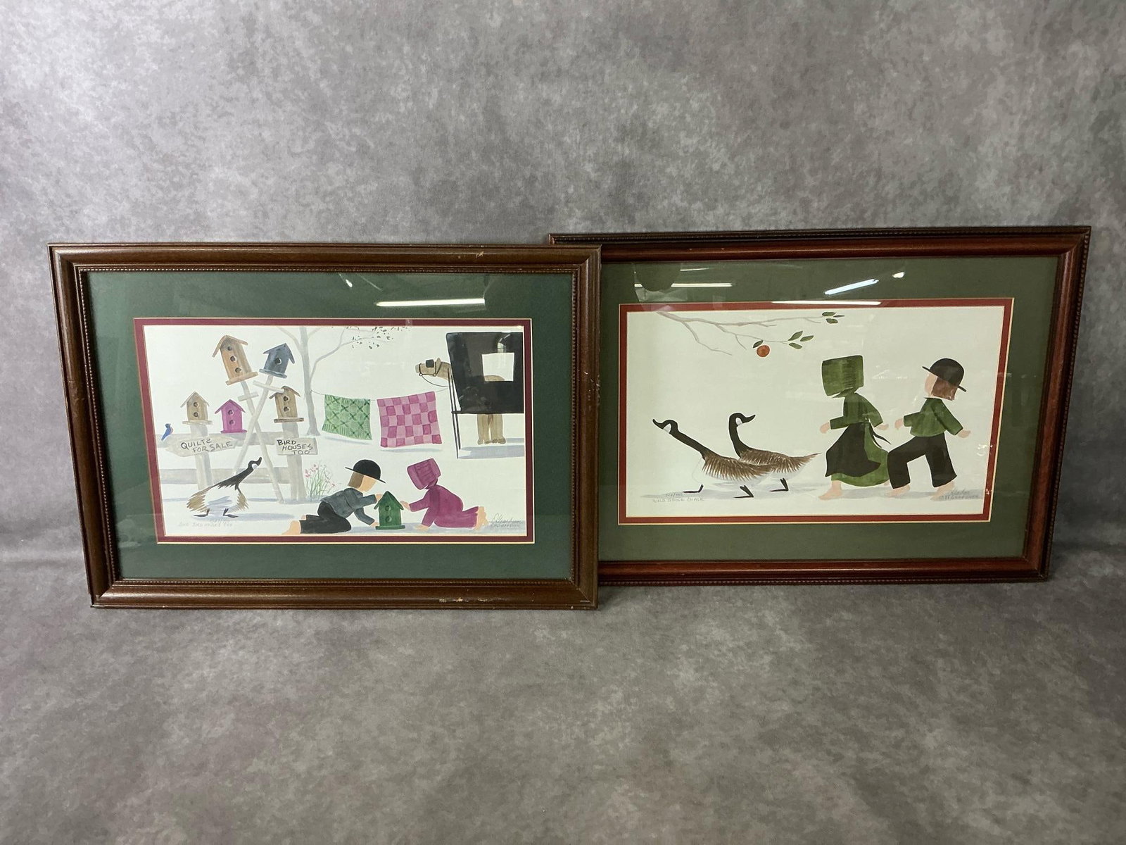 Diane Graebner Goose Prints: Two signed 1988 and 1996 prints by Diane Graebner titled "Wild Goose Chase" number 322/750 and "And Bird Houses Too!" number 527/750. Both with COA. Damage to wood frames. Each one measures 18.75