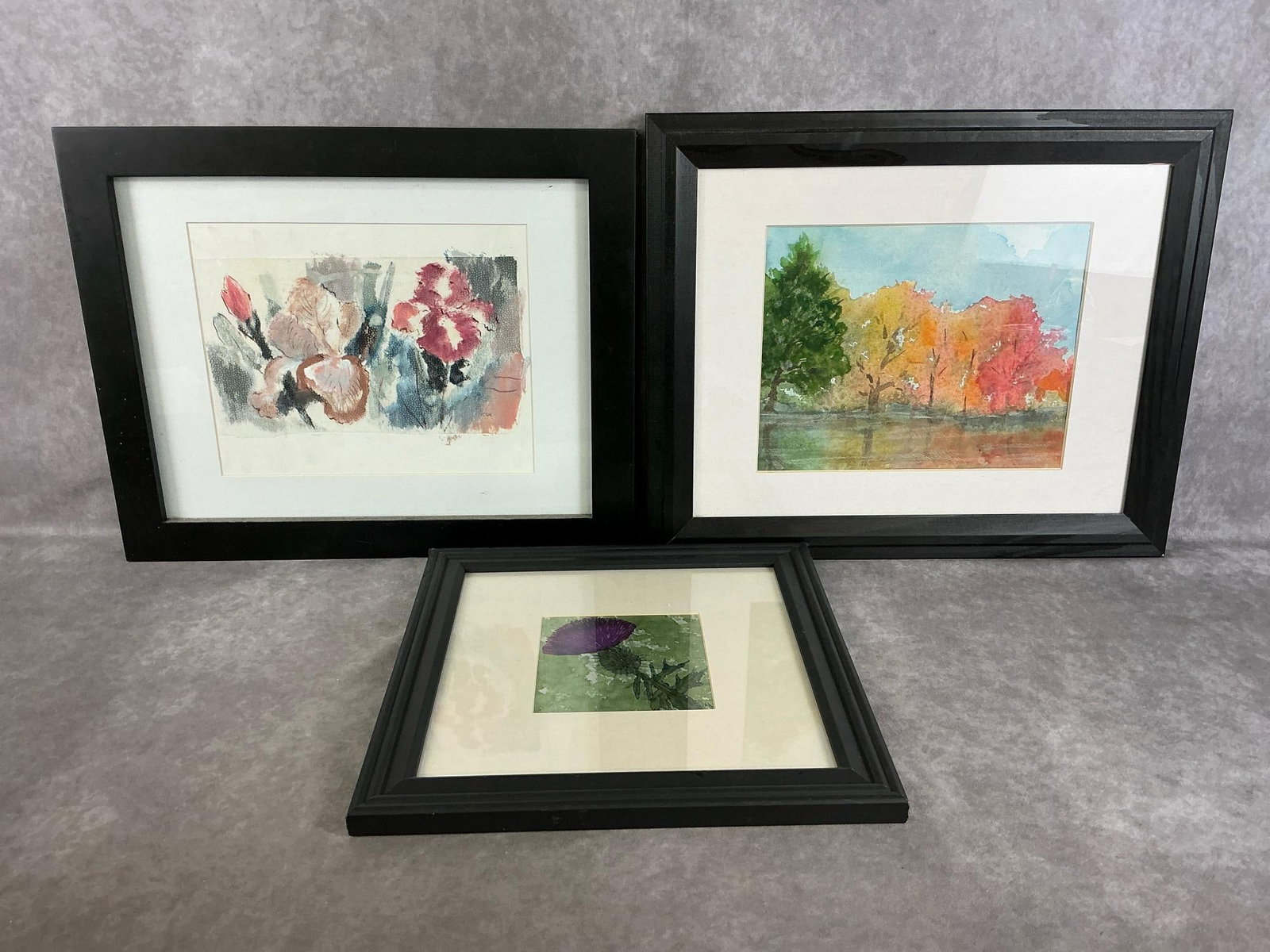 Floral Artwork: Three original pieces of artwork, "Autumn Foliage" by Rhonda Whitehurst, "Thistle" by Nancy Norton, and an untitled floral signed Hoge in bottom right corner. Minor dings to frames, otherwise good
