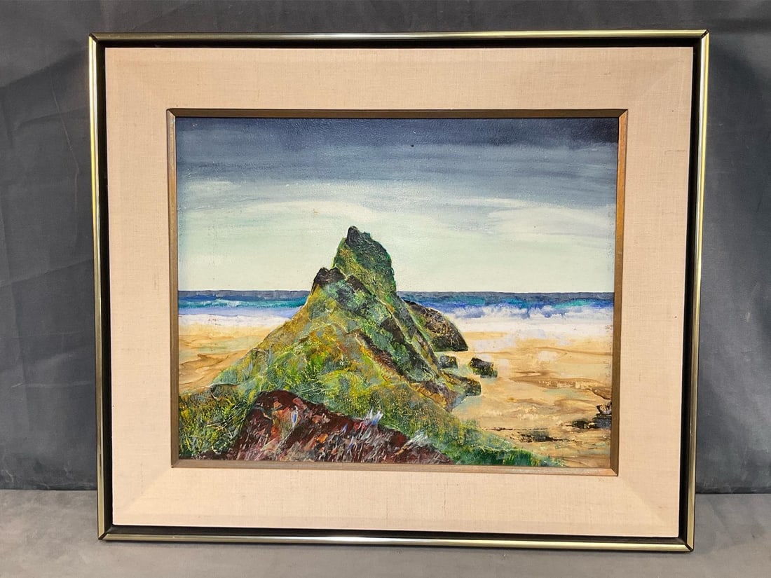 MCM Oil Painting: 1960's oil on canvas period framed modern impressionistic seascape painting. Unsigned. Good condition. Measures 26.5 inches wide x 1.5 x 22.25 inches tall.