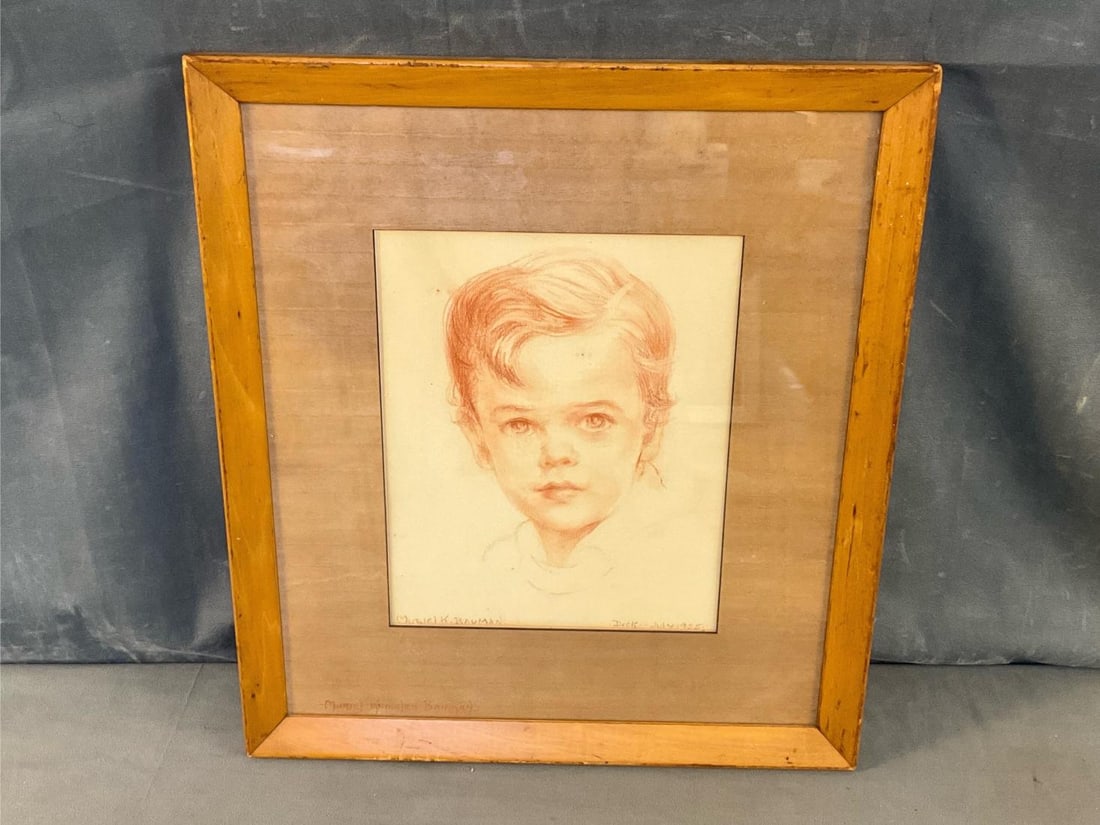 Richard "Dick" Knowles Drawing: 1955 period framed wooden matted red chalk child portrait attributed to artist Richard "Dick" Knowles. Signed in lower left corner "Muriel Knowles Bauman." and in lower right corner ".Dick .. July