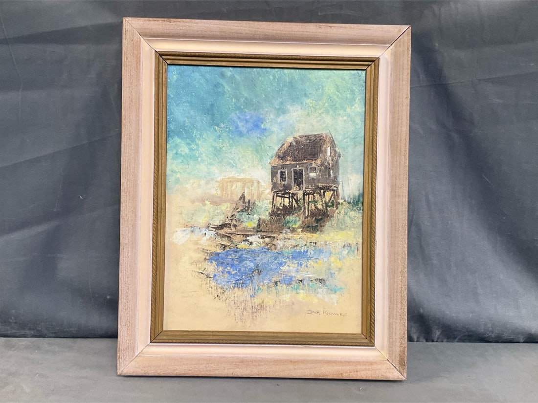 Richard "Dick" Knowles Painting: MCM 1960's Richard "Dick" Knowles oil on canvas board abstract-impressionistic seascape painting in period frame. Signed front lower right "Dick Knowles". Titled and labeled on verso "#35 / Dick