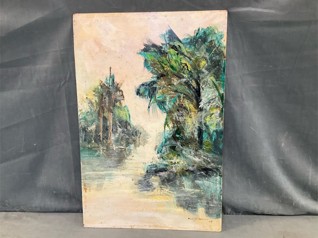 Richard "Dick" Knowles Painting: MCM 1967 oil on "Mason Board" abstract-impressionistic landscape painting unframed. Signed lower right front "Dick Knowles / "?67". Brown scattered mold spotting to painting, otherwise good