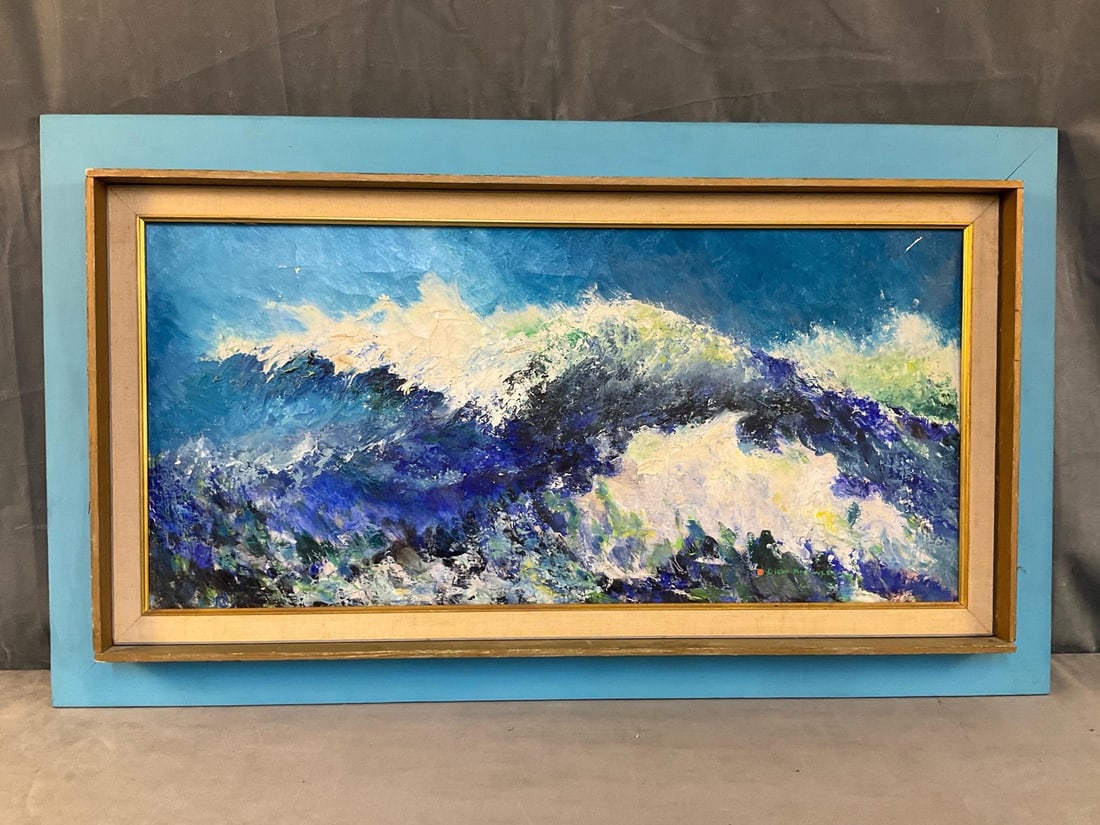 Richard "Dick" Knowles Painting: MCM 1960's oil on canvas abstract-impressionistic maritime painting in period frame. Signed lower front right "Dick Knowles" and stretcher labeled on verso "#-23 Dick Knowles - Oil - "Roaring