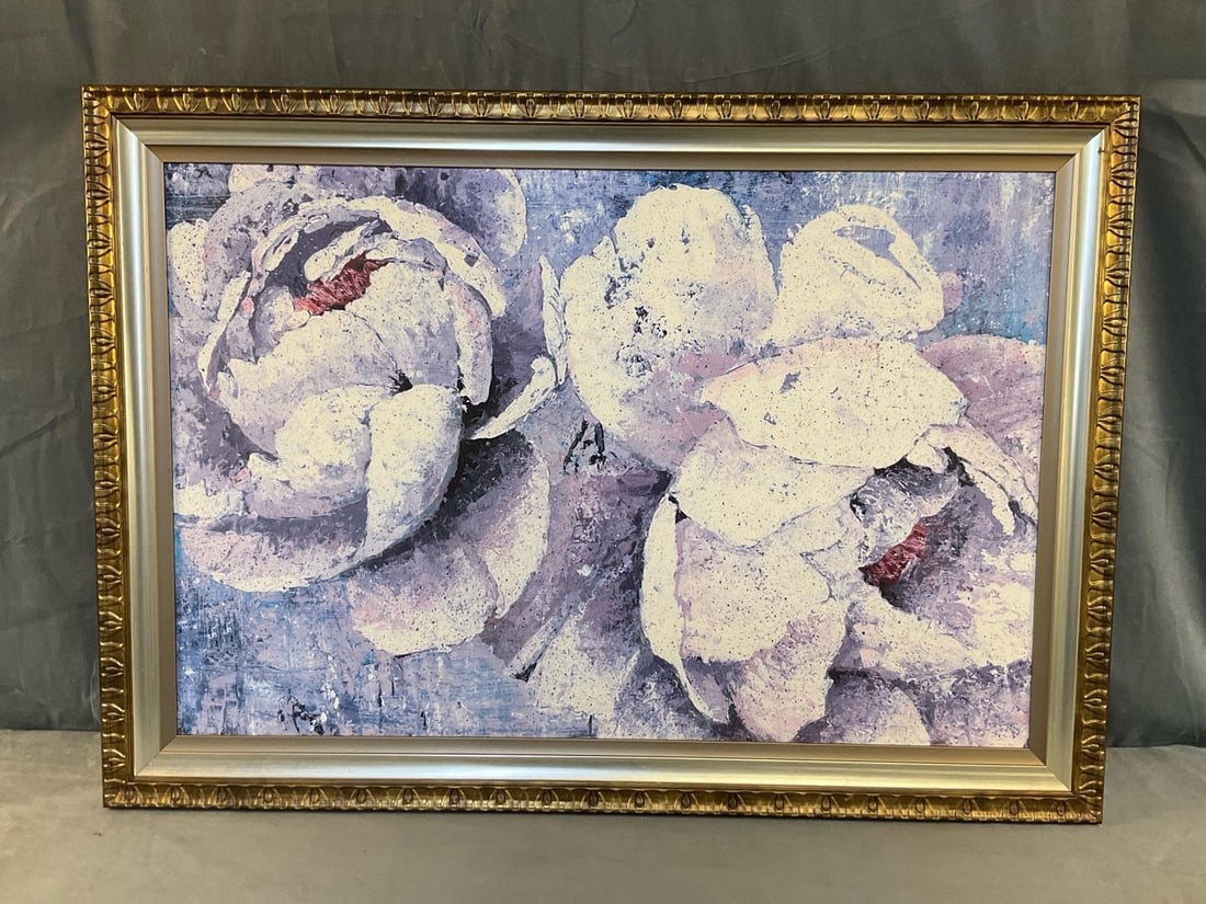 Abstract Reproduction Painting: Modern abstract reproduction oil painting. Good condition. Measures 41.25 inches wide x 1.25 x 29.25 inches tall.