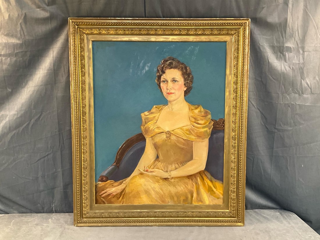 Portrait Painting: Circa 1940's oil on canvas portrait painting of an unidentified lady in a gilded frame. Some loss to gilding, otherwise good condition. Measures 37.75 inches wide x 1.5 x 44.75 inches tall.