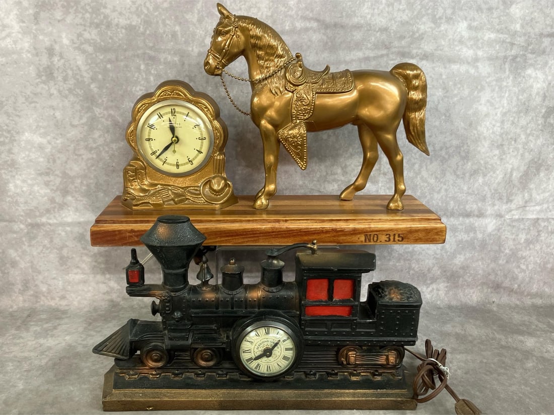 Western Horse & Locomotive Clocks: Mid century United Clock western horse on wood stand and locomotive cast clock. Both electric. Gold tone horse and clock number 315. Sessions United train clock. Works well. Horse measures 17 inches l