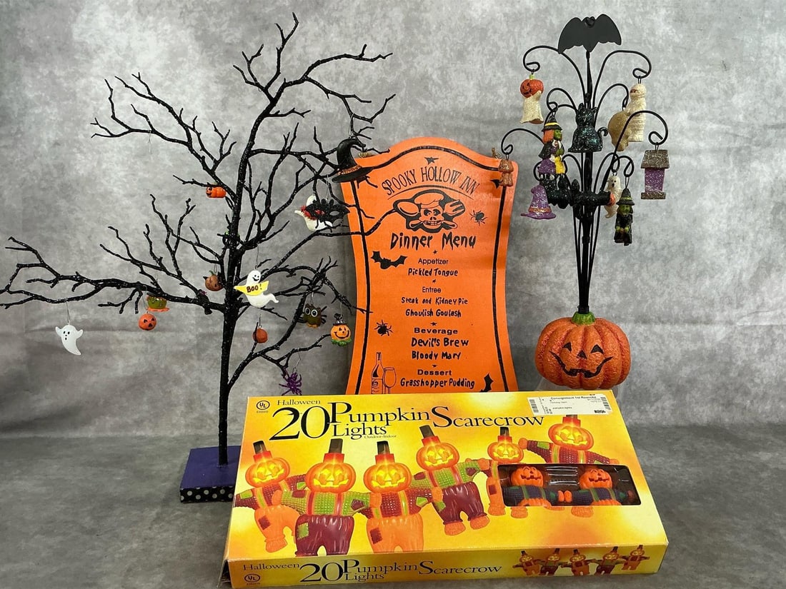 Halloween Trees, Sign, & Lights: Four vintage Halloween decorations. Includes set of 20 Pumpkin Scarecrow lights in original box, and Spooky Hollow Menu wall plaque. Also, pumpkin base with ornaments display tree with 13 ornaments, a
