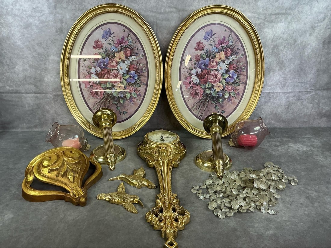 Home Interiors Wall Decor: Eleven late 1900's wall decor by Homeco Home Interiors Collection. Two oval floral prints in gold colored frames, two gold gilt sconces with pink globe votive holders, and a Hollywood Regency style