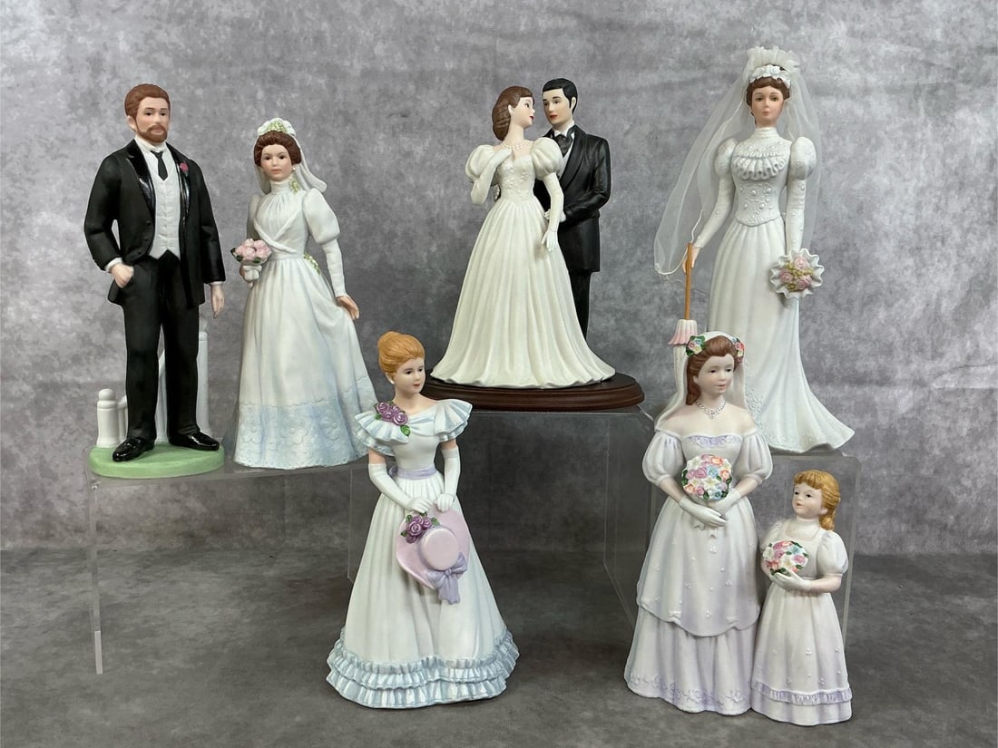 Brides & Grooms: Six 1990's - early 2000's Home Interior figurines. Includes "Evening of Romance" (1999), Abigail Rose -bride, Jon Robert and #1480 bride, Elizabeth (purple accents), and #1405 bride and flower girl.