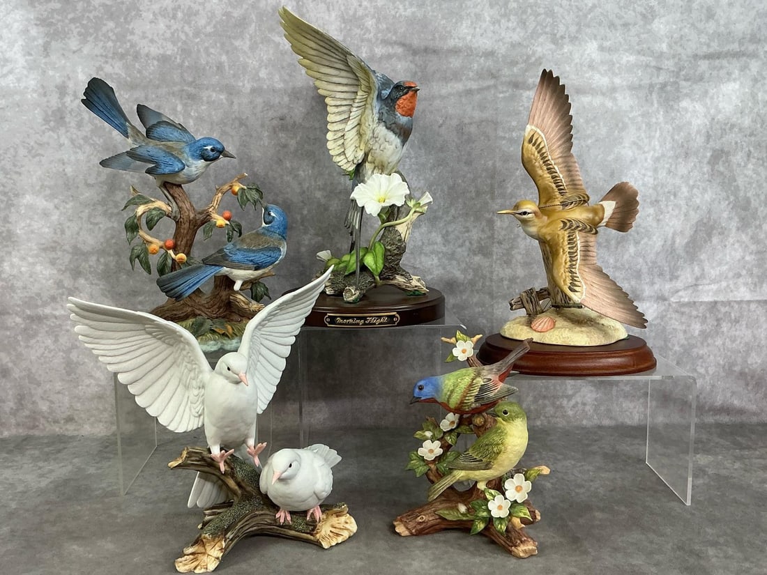 Homeco Bird Figurines: Five 1970's to 2000 handpainted bird figures by Homeco (Home Interiors). "Orchard Gathering" with jays, "Morning Flight" with American Swallows, and "Morning Encounter" with Painted Buntings. Also