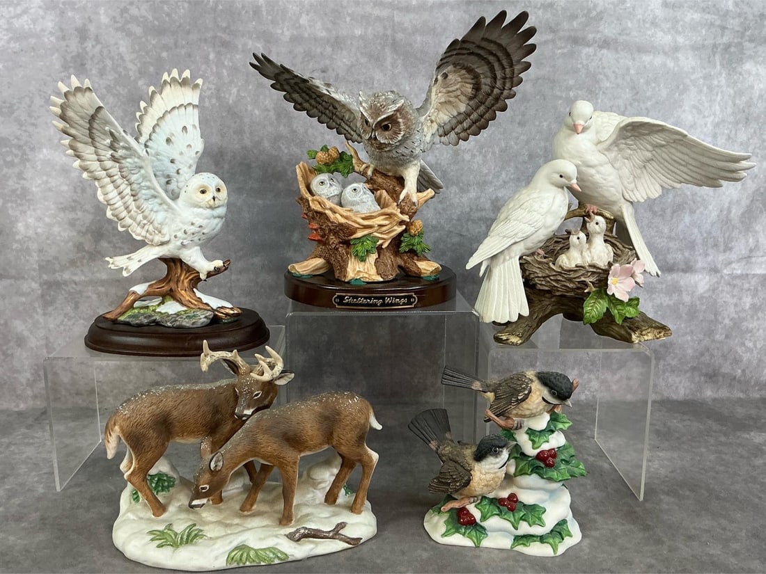 Home Interior Birds & Deer: Five 1990's porcelain figures. Owl sculptures, "Sheltering Wings" and Snow Owl. Also includes "Season of Tranquility" dove family, Winter Chickadees, and "Nature's Promise" deer couple. In good