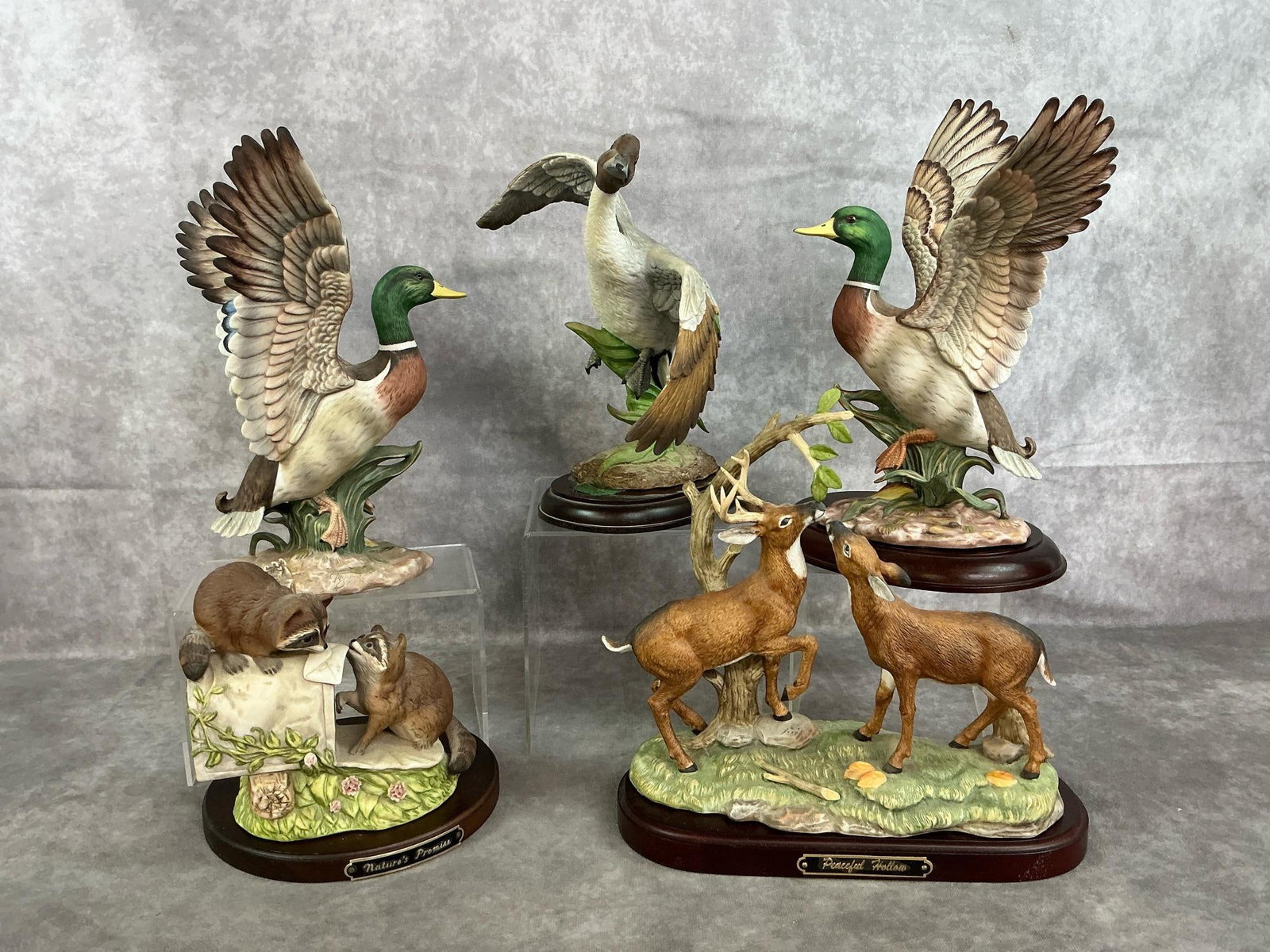 Ducks, Drake, Deer, & Raccoons: Five 1980's collection of Homeco ducks and animal figurines. Two Mallards, a Pintail drake, deer under tree, and raccoons in mailbox. In good condition. Deer measure 10 inches wide x 4.5 x 10 inches