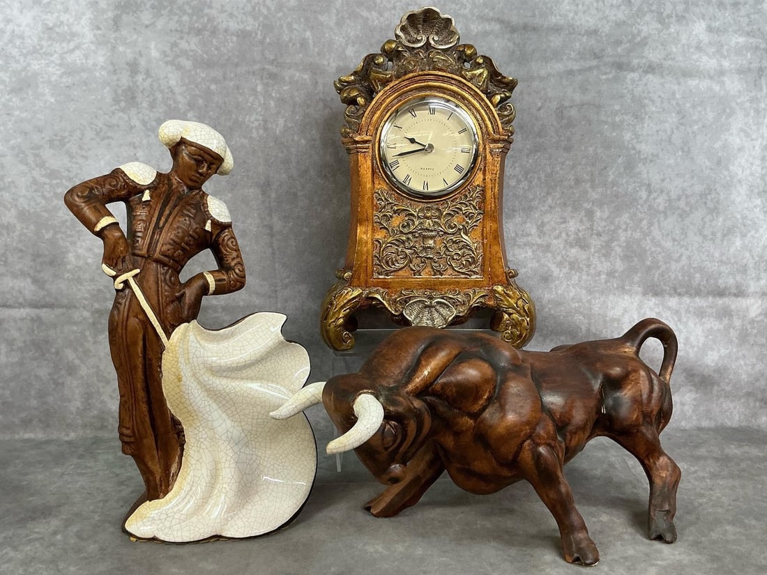 Rococo Clock & Matador with Bull: Mid 1900's Rococo style mantel clock and matador and bull set. Clock made of molded resin with quartz clock insert (untested). Treasure Craft Matador and Bull ceramic set with crackle glaze cape and