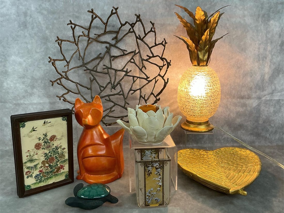 Home Accents: Eight mid 1900's to modern home decor. Metal twig bowl, pineapple electric light with brass leaves, and orange stone carved fox. Includes turtle glass and ceramic trinket box, Chinese porcelain