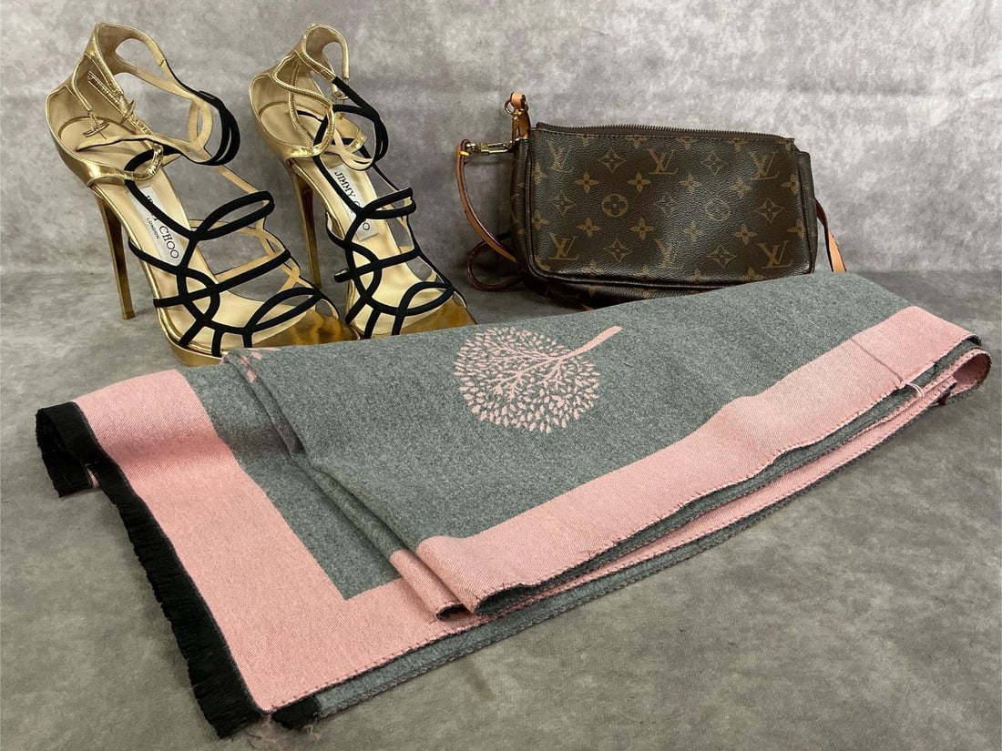 Jimmy Choos, Louis Vuitton, & Luxury Scarf: Louis Vuitton pouchette leather purse in brown and tan monogrammed with long shoulder strap, reproduction. Jimmy Choo caged metallic leather strappy heels, # 40 gold with black. Oversized soft Tree