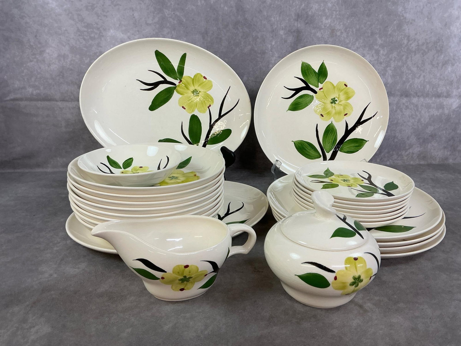 Dixie Dogwood Dinnerware: Twenty-five vintage ovenproof dishes. Dixie Dogwood by Joni China includes 2 platters, 5 plates, 8 bowls, 7 saucers, small bowl, and creamer with sugar bowl. One plate has cracks, otherwise in good
