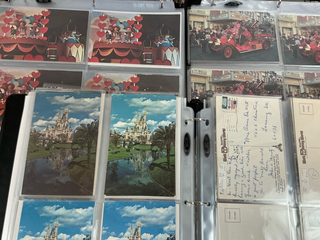 Vintage Disney World Postcards: Approximately 220 vintage Disney postcards in three binders. Most are from 1960's - 1990's period. Some used and some new included. Each measures 5.5 inches wide x 3.5 inches tall.