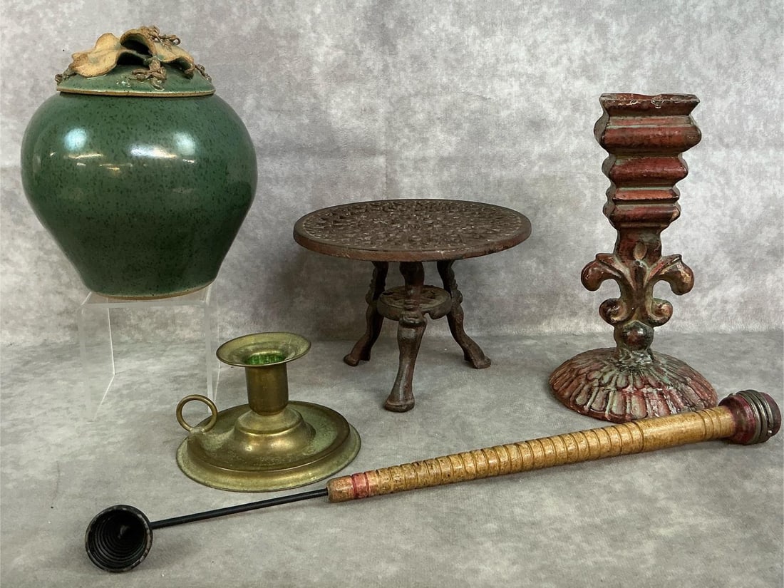Metal Candleholder, Trivet, Pottery Jar, and Brass Candleholder with Snuffer (1 of 13)