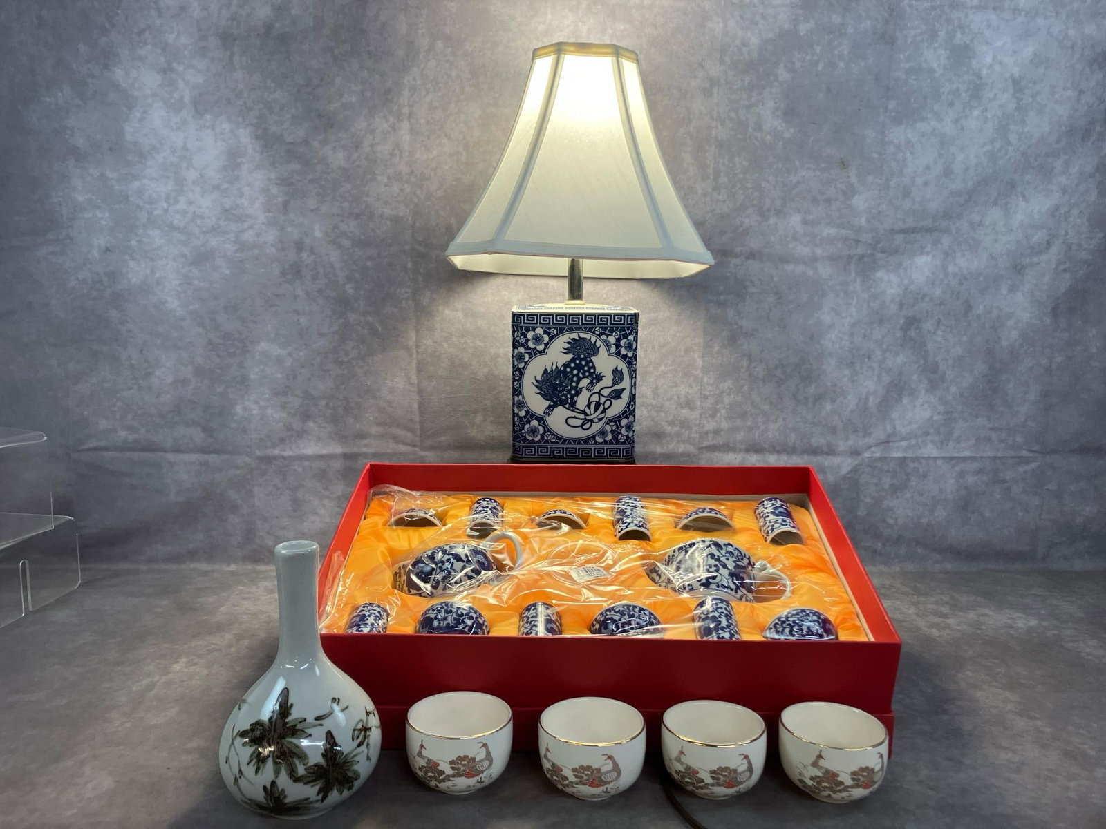Chinese Lamp, Tea Set, Vase, & Cups (1 of 8)