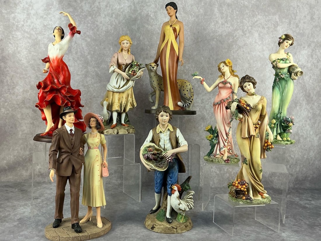 Ladies & Gentleman Figurines & More: Eight vintage collectible Home Interiors figurines. Lot Includes, "Alexandria and the Cheetah", "Summer", "Blossom", "Autumn", "Jim Bennet and Pattie Coates" and "Beauty in Motion". All in good