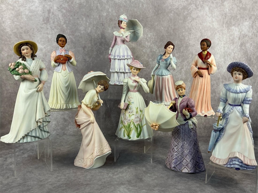 Lady Figuines: Nine vintage Home Interiors collectible figurines. Lot includes "Josephine", "Francesca", "Pear", "Charlotte Rose", "Miss Violet", "Louise", "Penelope", woman Holdind a Parisol, and "Lady Camille"ll i
