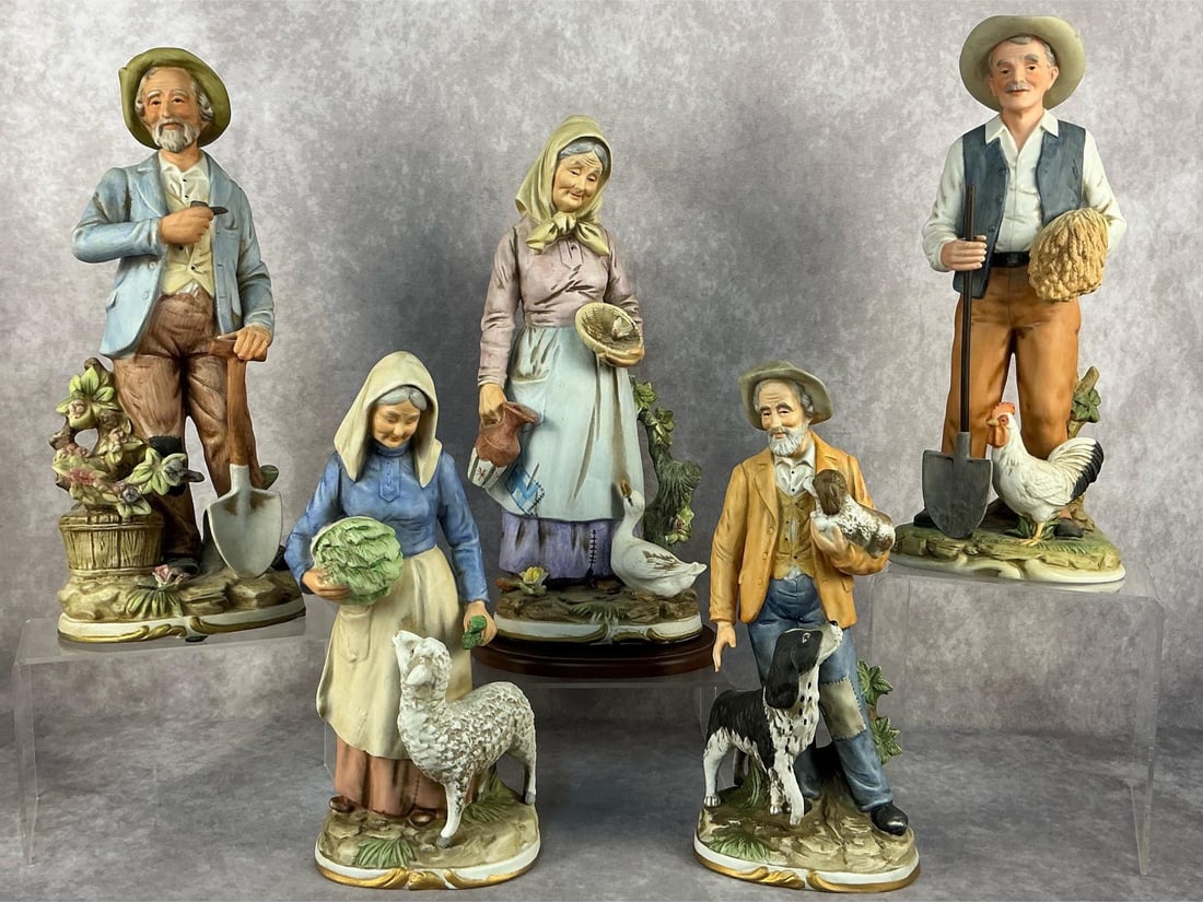 Men & Women Farming Figurines: Five vintage porcelain collectible Home Interiors / Homco figurines. All in good condition. Woman with goose measures 5.5 inches long x 3.75 x 14 inches tall.