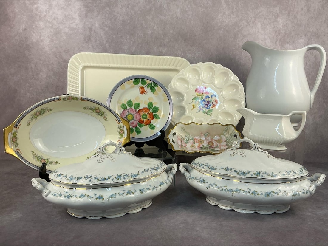 Serving Dishes & More: Nine vintage dishes. All in good condition. Large serving platter measures 15.75 inches long x 12 inches wide.