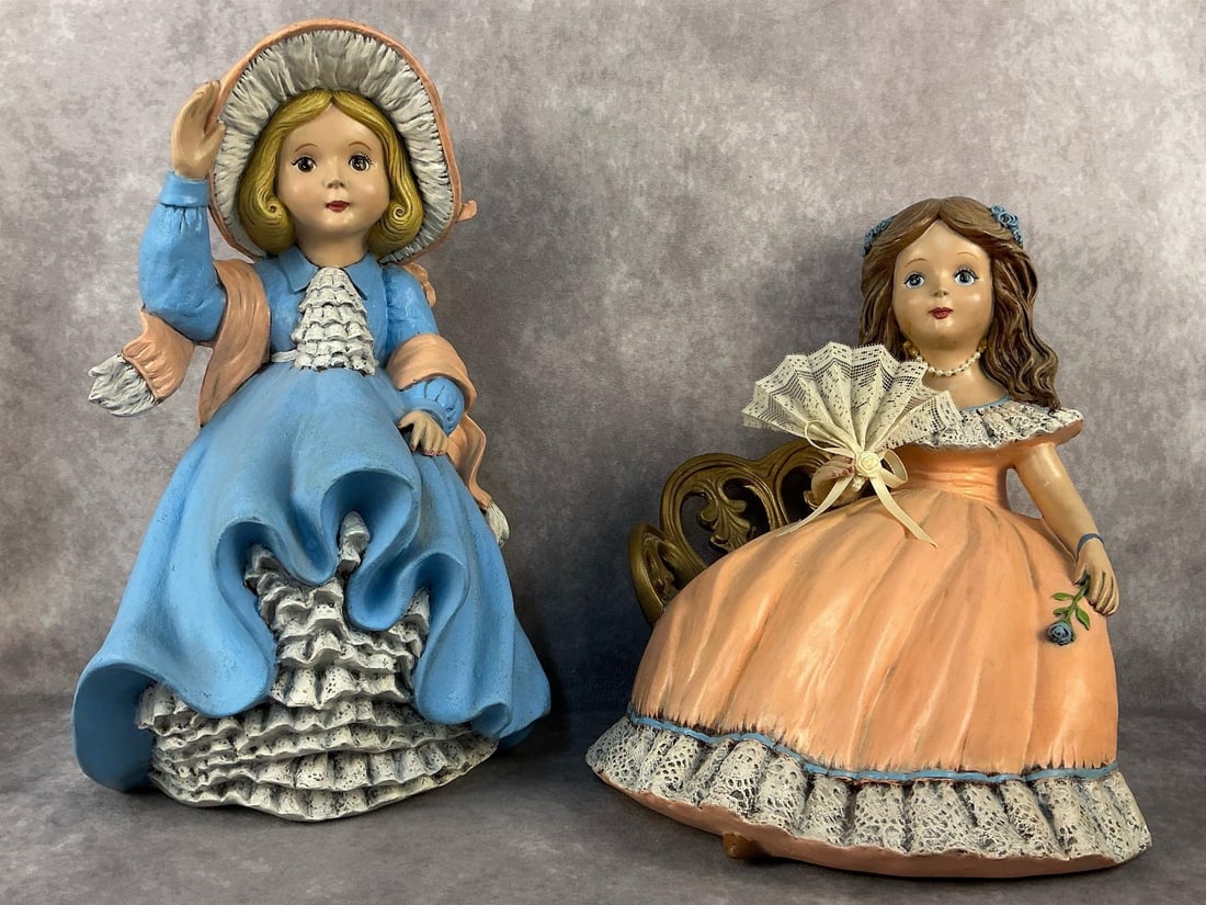 Ceramic Girls: Two vintage large ceramic girl figurines. Both in good condition. Girl in chair measures 10.25 inches long x 9.5 x 13 inches tall.