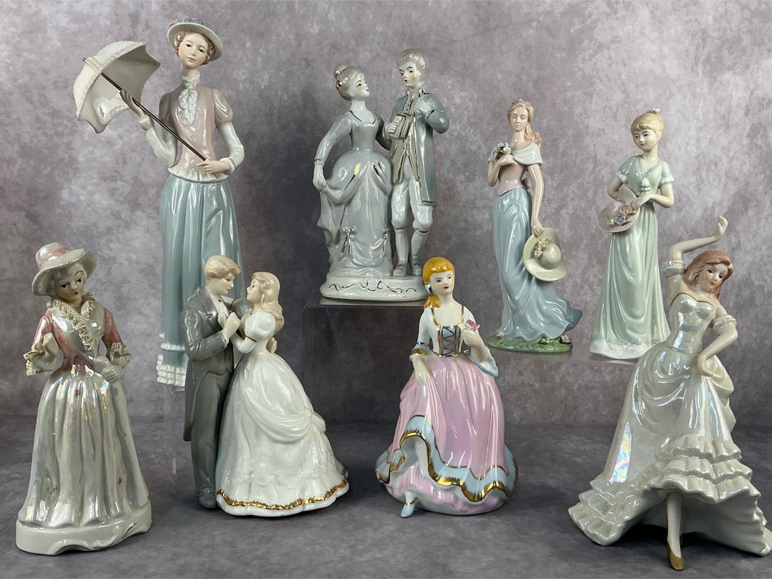 Musical Figurine & More: Eight vintage figurines. Lot includes a musical bride and groom as well as collectibles from Avon, Garden Party, Home Interiors and several unbranded. The lady dancer has a small crack on the bottom,